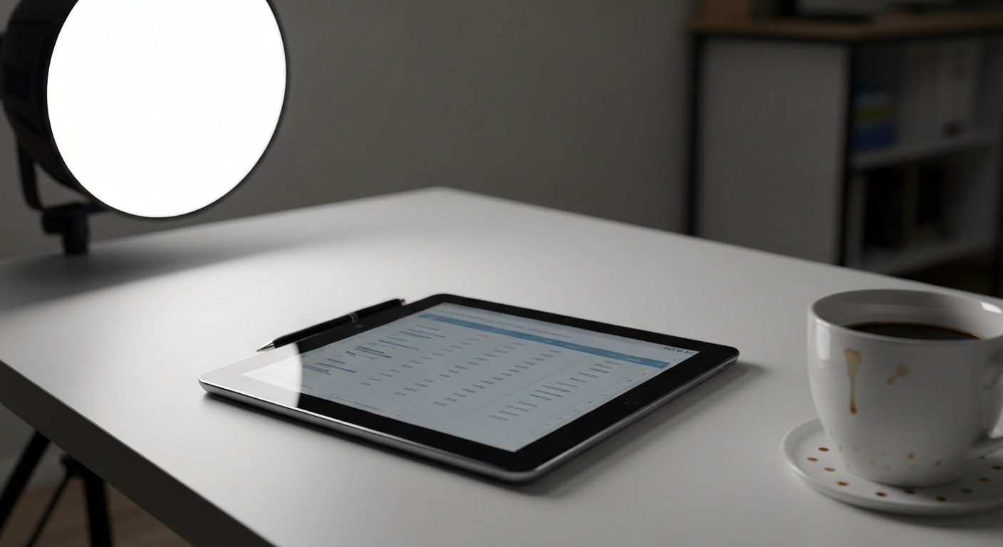 Tablet screen displaying a comparison chart on a cluttered wooden desk.