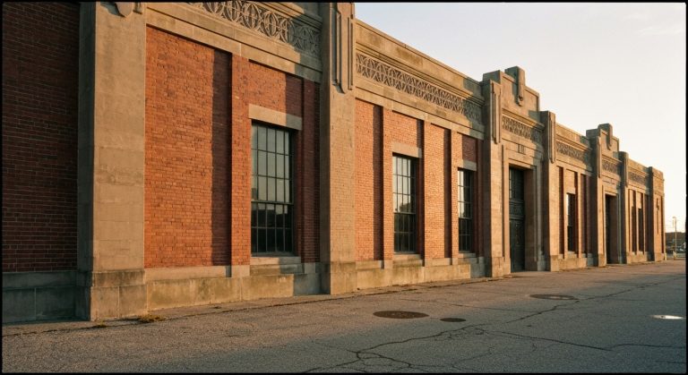 The exterior of the red brick A.D. German Warehouse featuring its iconic Mayan-style concrete frieze during sunset.