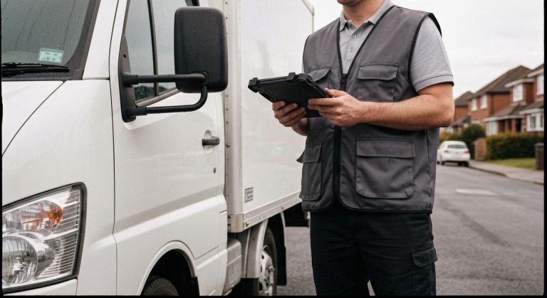 American Furniture Warehouse Delivery Fee (Hidden Costs?) 3 A professional delivery technician in a utility vest checks a digital tablet next to a white box truck on a residential street.