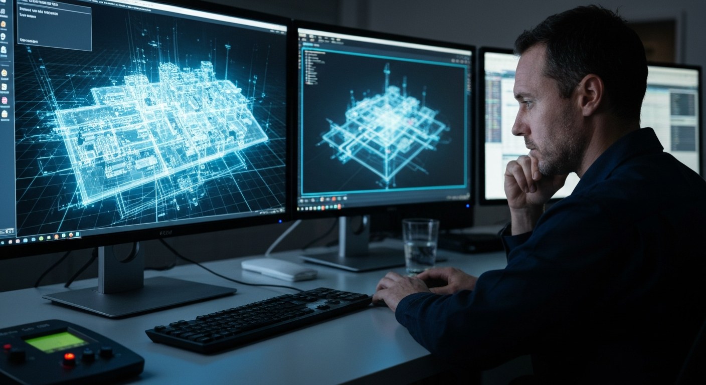 AI-Driven Orchestration of Global Supply Chains A technician monitoring a 3D digital twin of a distribution network on a large screen in a control room.