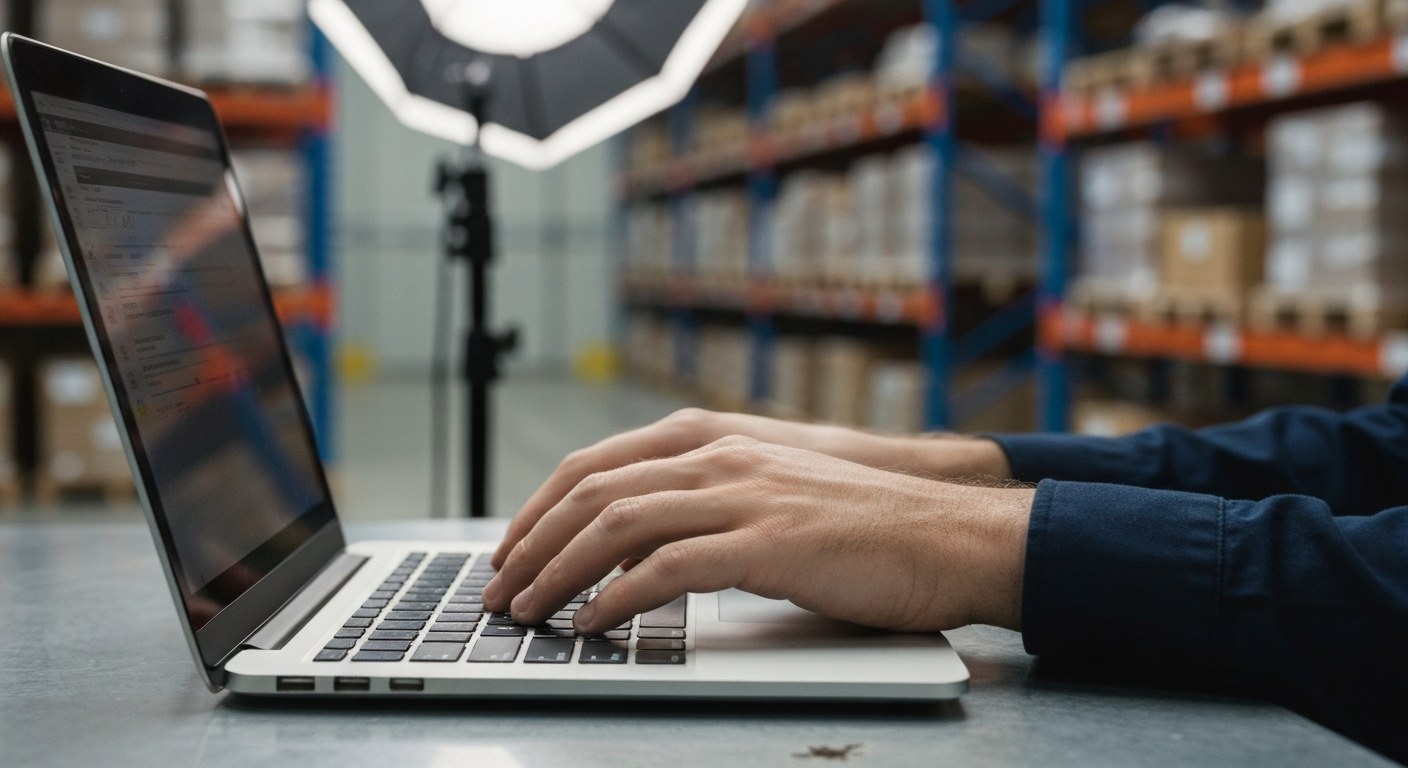 AI-Driven Predictive Analytics Close up of hands typing on a laptop at a workstation, with blurry warehouse shelves in the background.