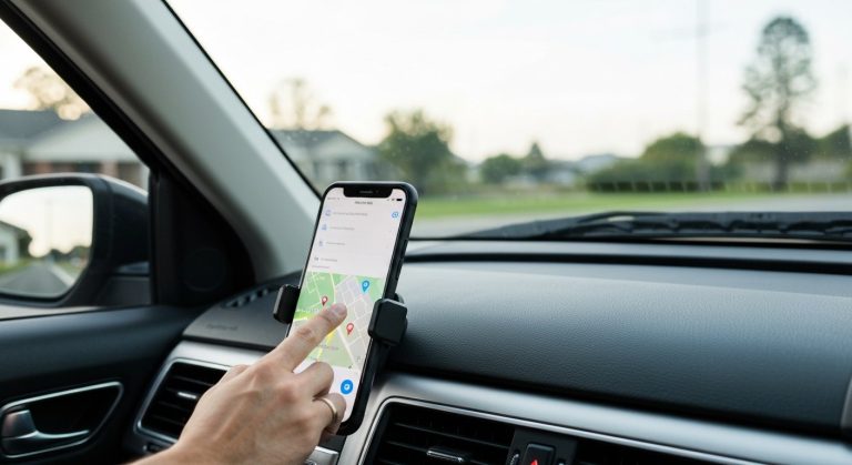 Close-up of a driver's hand reaching for a smartphone mounted on a car dashboard in soft morning light.