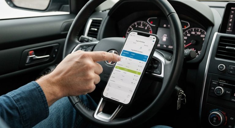 A close-up of a delivery driver's hand holding a smartphone inside a car, about to cancel a shift on a mobile app.