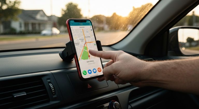 Close-up of a driver's hand reaching for a smartphone mounted on a car dashboard during a golden hour sunset.