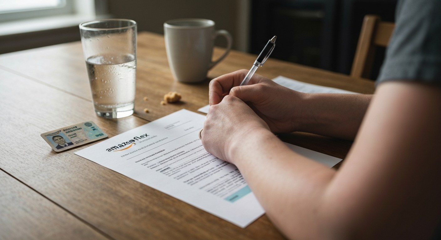 Close-up of a person organizing driver's license and insurance documents on a wooden table in natural light.
