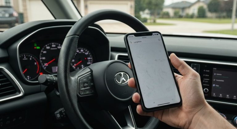 A person sitting in a modern car holding a smartphone with a logistics app open, showing soft natural light and interior details.