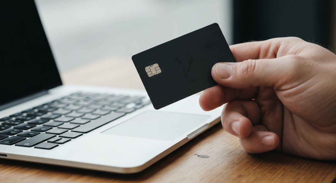 A close-up of a hand holding a matte black debit card over a wooden table near a laptop.