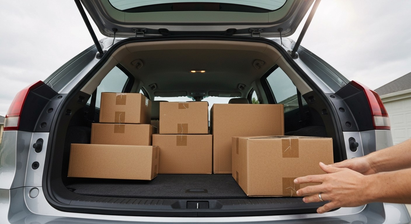 The open trunk of a car filled with organized cardboard packages for delivery.
