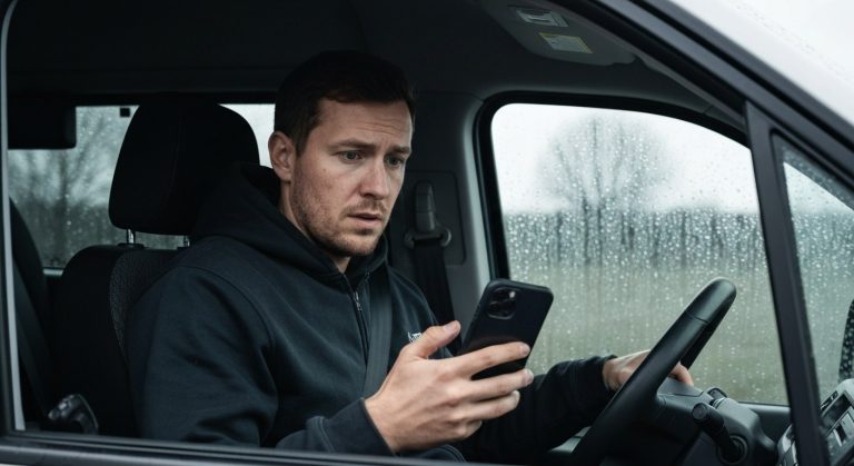 A delivery driver in a van looking at a smartphone with a concerned expression through a rain-streaked window.