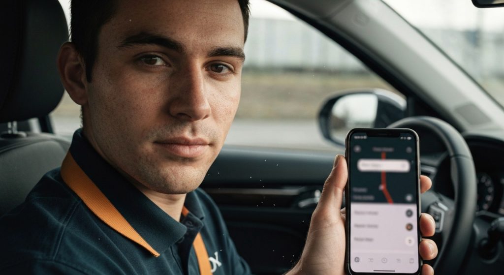 A close-up of a delivery driver in a car holding a smartphone with a map app, showing natural lighting and skin detail.