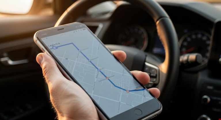 A close-up of a person's hand holding a smartphone with a delivery map inside a car during sunset.