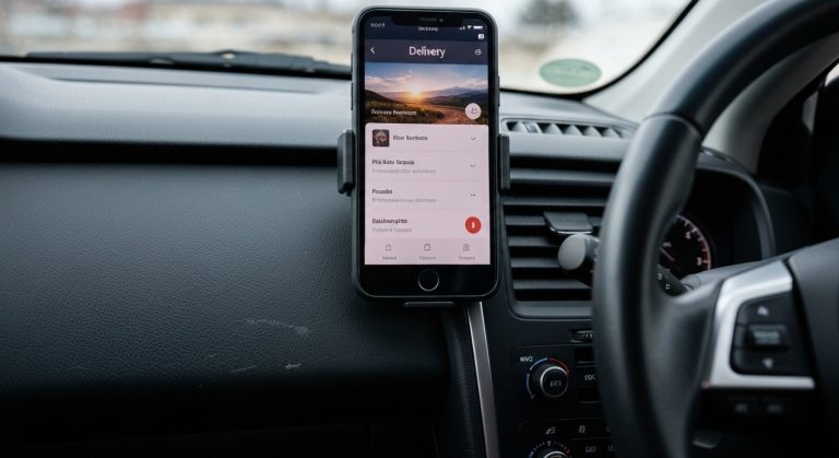 Close-up of a delivery app interface on a smartphone mounted in a car dashboard, showing realistic interior wear.