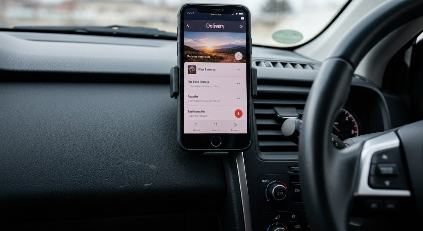 Close-up of a delivery app interface on a smartphone mounted in a car dashboard, showing realistic interior wear.