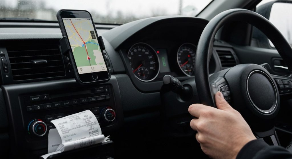 A smartphone mounted on a car dashboard showing a navigation app next to a steering wheel and fuel receipts.