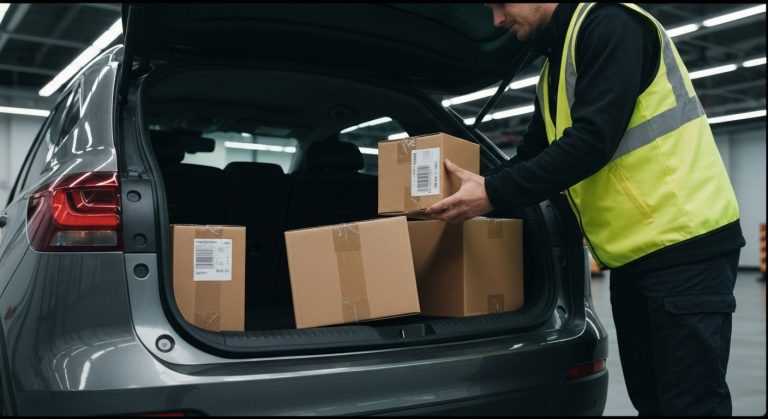 A delivery driver in a safety vest loading brown cardboard boxes into the back of a grey hatchback car.