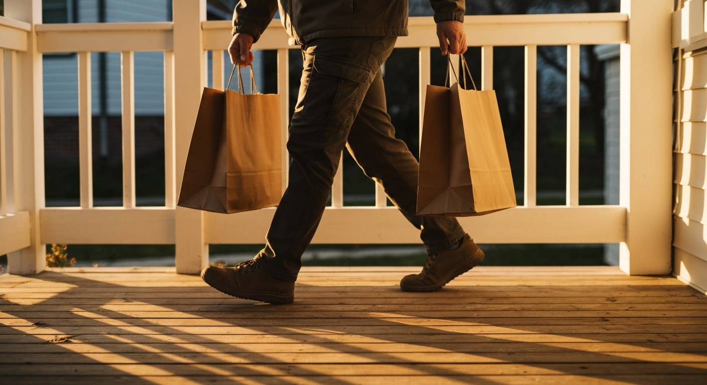 A delivery driver carrying paper grocery bags toward a house during golden hour.