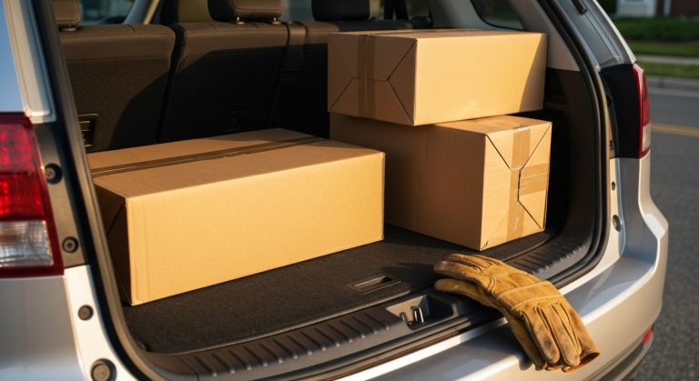 An open car trunk filled with various brown cardboard delivery boxes during a golden hour sunset on a suburban street.