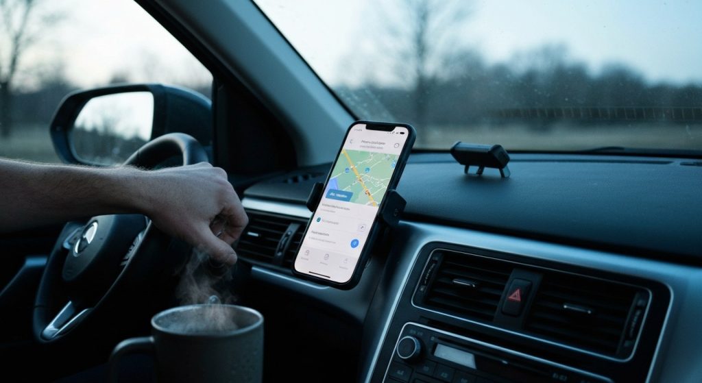 A smartphone mounted on a car dashboard at dawn, showing a delivery app interface next to a steaming coffee mug.