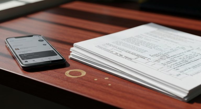A stack of tax forms on a wooden desk next to a smartphone showing a delivery app.