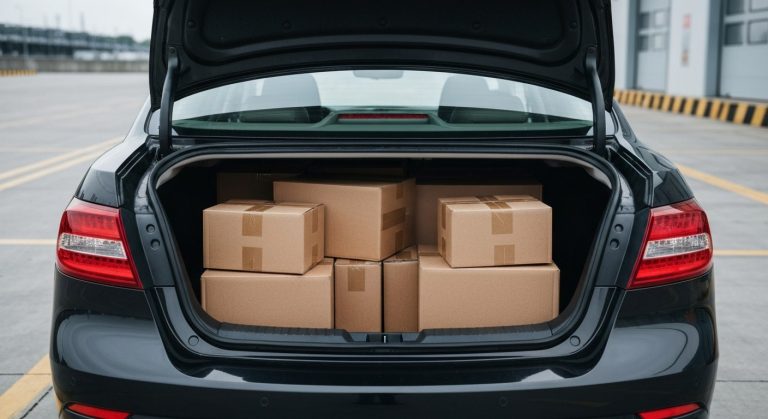 A dark sedan with its trunk open, filled with neatly stacked cardboard delivery boxes at a loading station.