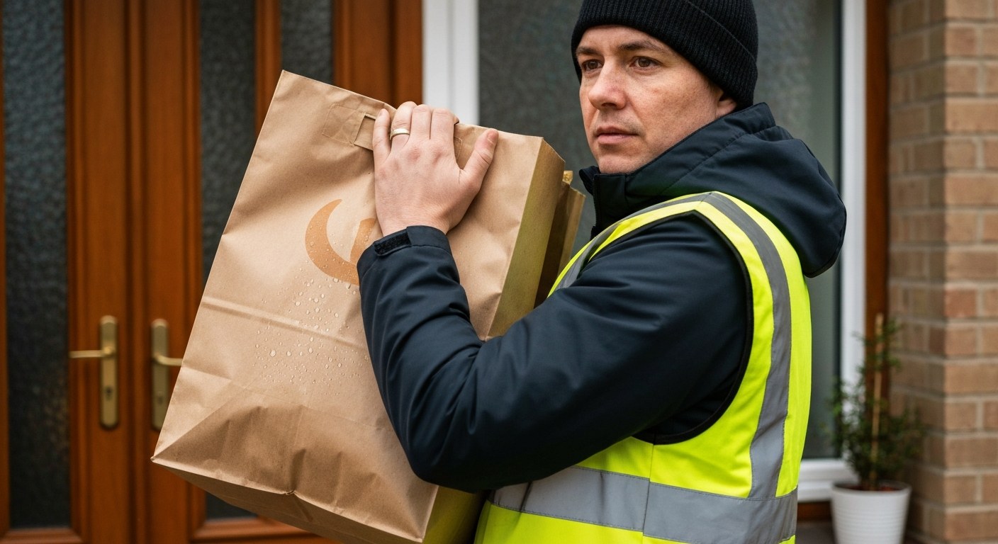 Amazon Fresh Grocery Delivery Service A delivery person in a vest carrying a brown grocery bag to a house door during the day.