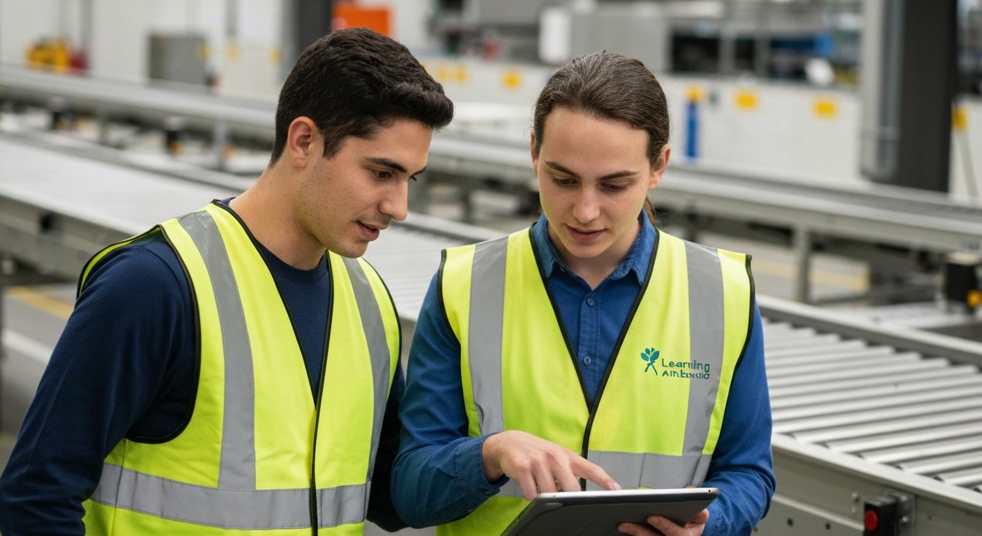 Amazon Learning Ambassador Training A Learning Ambassador in a warehouse vest mentors a colleague while looking at a digital tablet together.