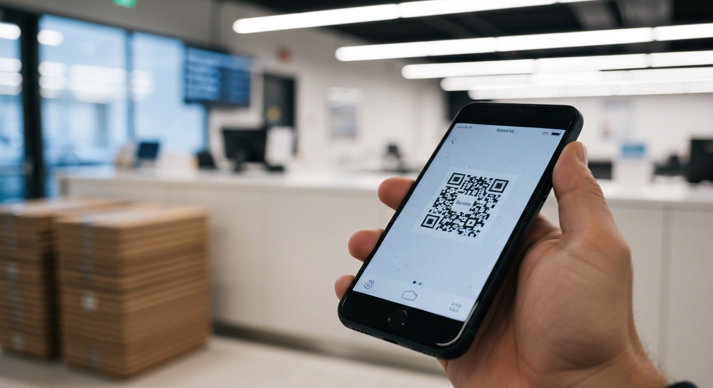 A hand holding a smartphone with a QR code in front of a modern retail service counter.