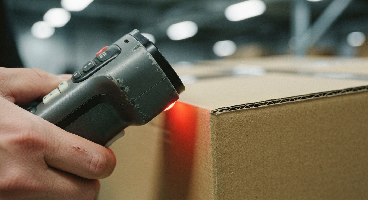 Amazon Stow Associate Using RF Scanner Close-up of a worker's hand holding a handheld barcode scanner while processing a cardboard box in a warehouse.