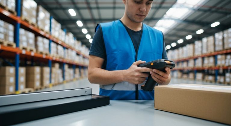 A warehouse worker in a blue safety vest scans a package at a packing station in a large fulfillment center.