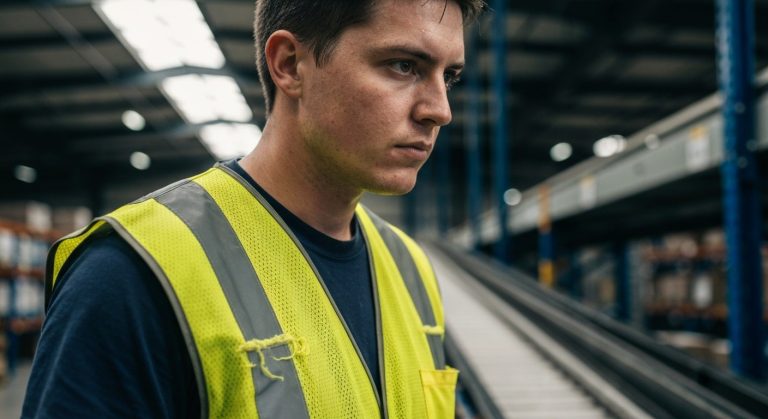 A warehouse worker in a neon safety vest stands thoughtfully in a modern fulfillment center with soft natural lighting.