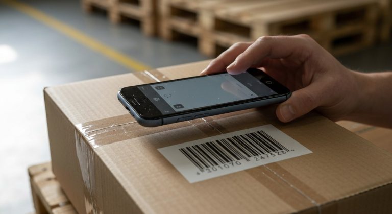 Close-up of a person's hands holding a smartphone to scan a barcode on a cardboard shipping box in a warehouse.