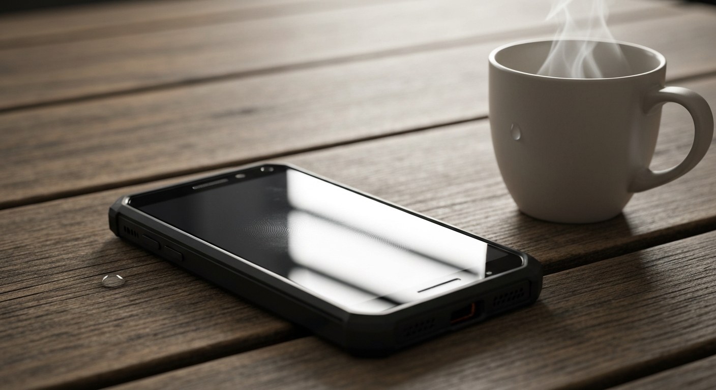 A rugged Android smartphone sits on a wooden table next to a coffee mug in soft lighting.