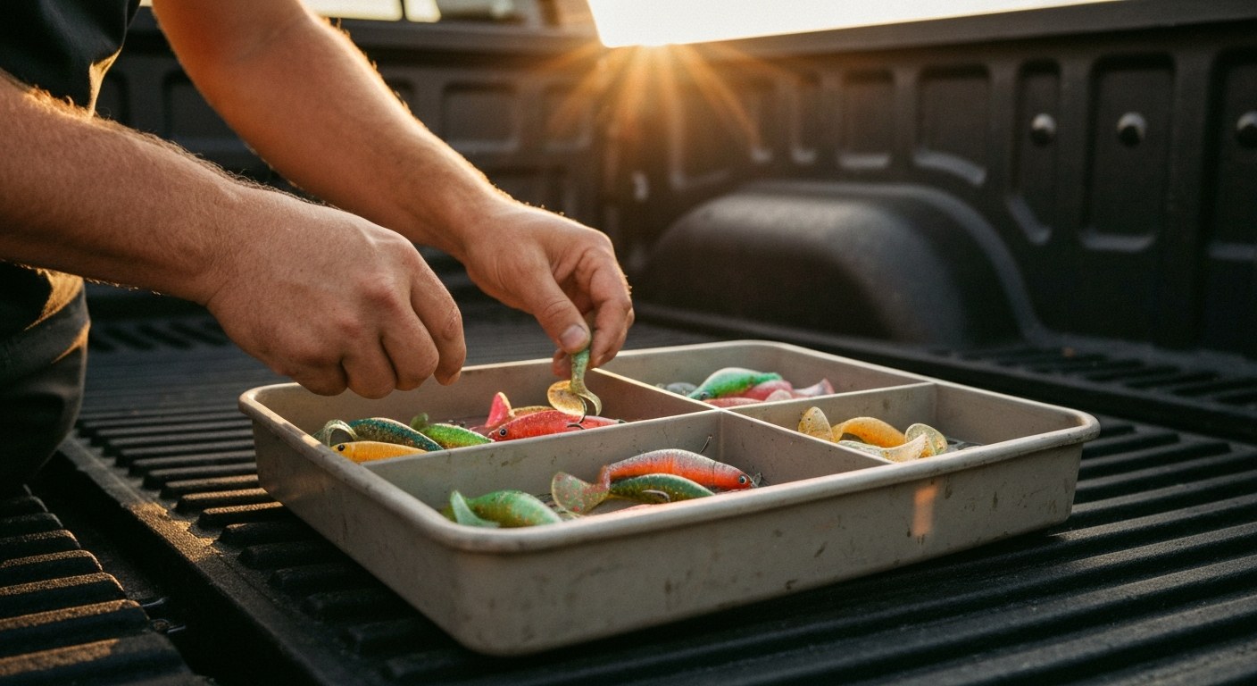 Close-up of hands organizing colorful fishing lures in a tackle box during the warm light of golden hour.
