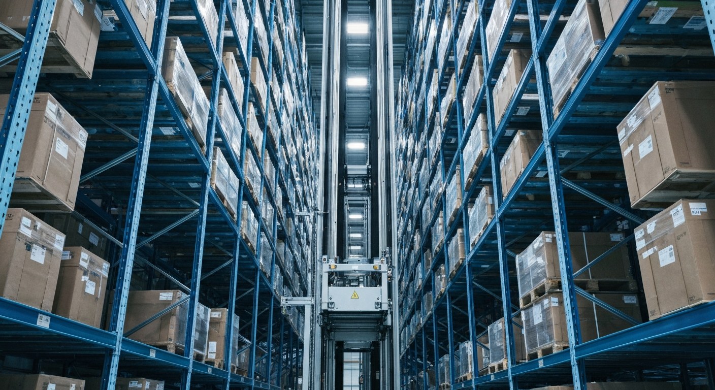 High-Density Vertical AS/RS Warehouse Storage Looking up at high-density vertical warehouse storage racks with an automated shuttle system and industrial lighting.