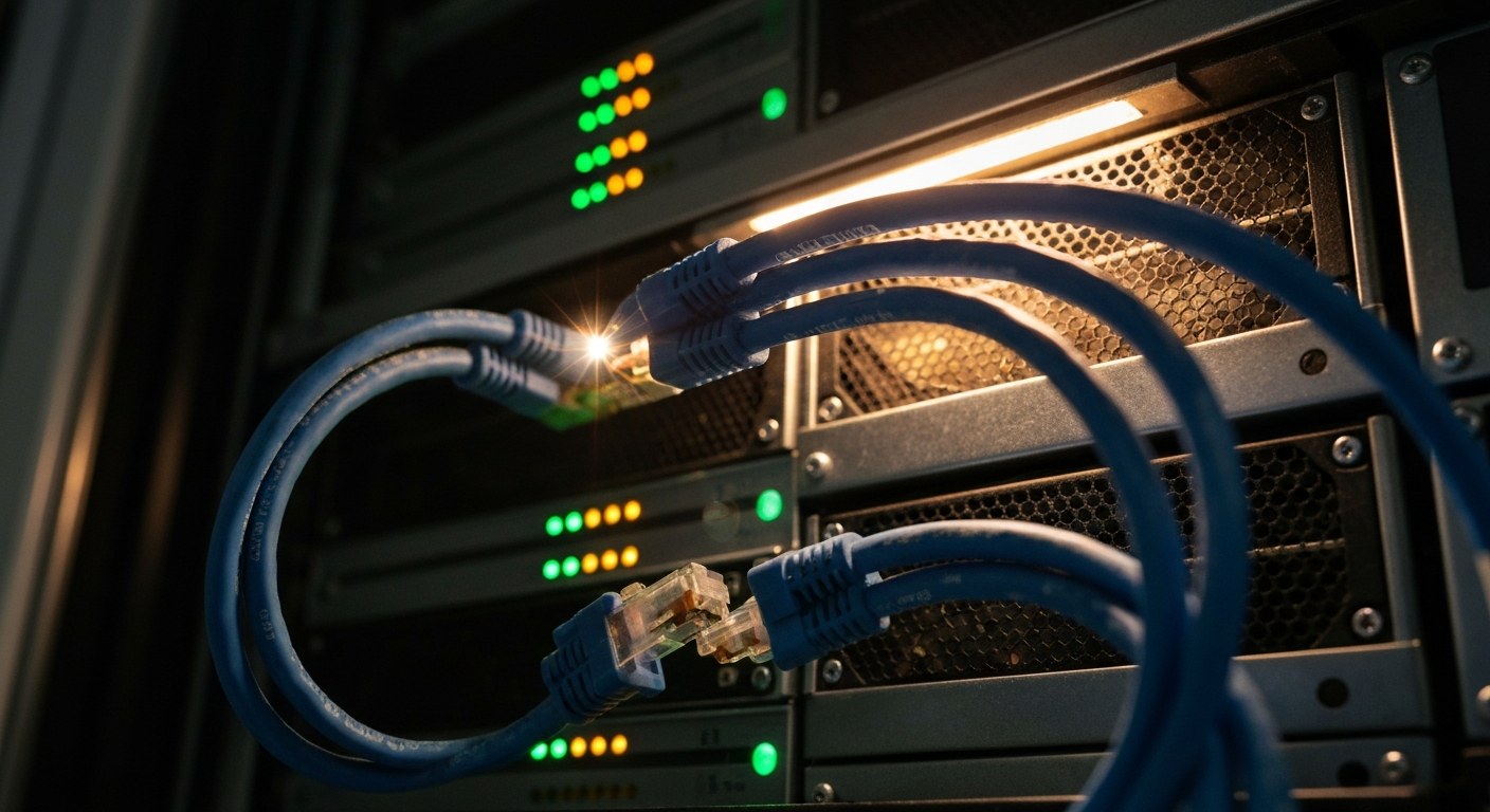 Atomic Grain in Data Infrastructure Close-up of server rack LED lights and blue ethernet cables showing realistic dust and wear.