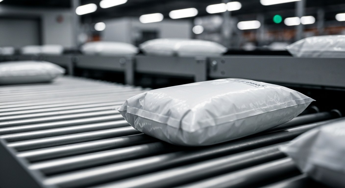 Packages moving quickly along an automated steel conveyor belt system inside a high-tech sorting facility.