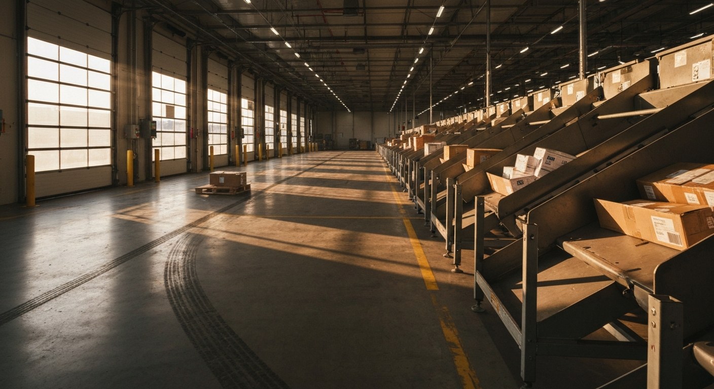 Automated Logistics Hub During Twilight Sort A wide view of a modern automated warehouse hub with packages on sorting chutes during the evening twilight sort.
