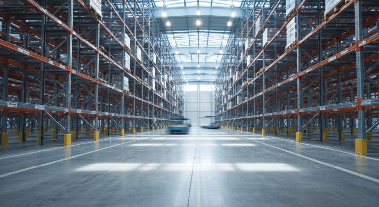 High-angle view of a vast automated warehouse with tall racking systems and a polished concrete floor.