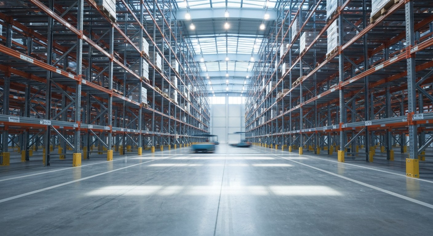 Inside a Modern Automated Distribution Center High-angle view of a vast automated warehouse with tall racking systems and a polished concrete floor.