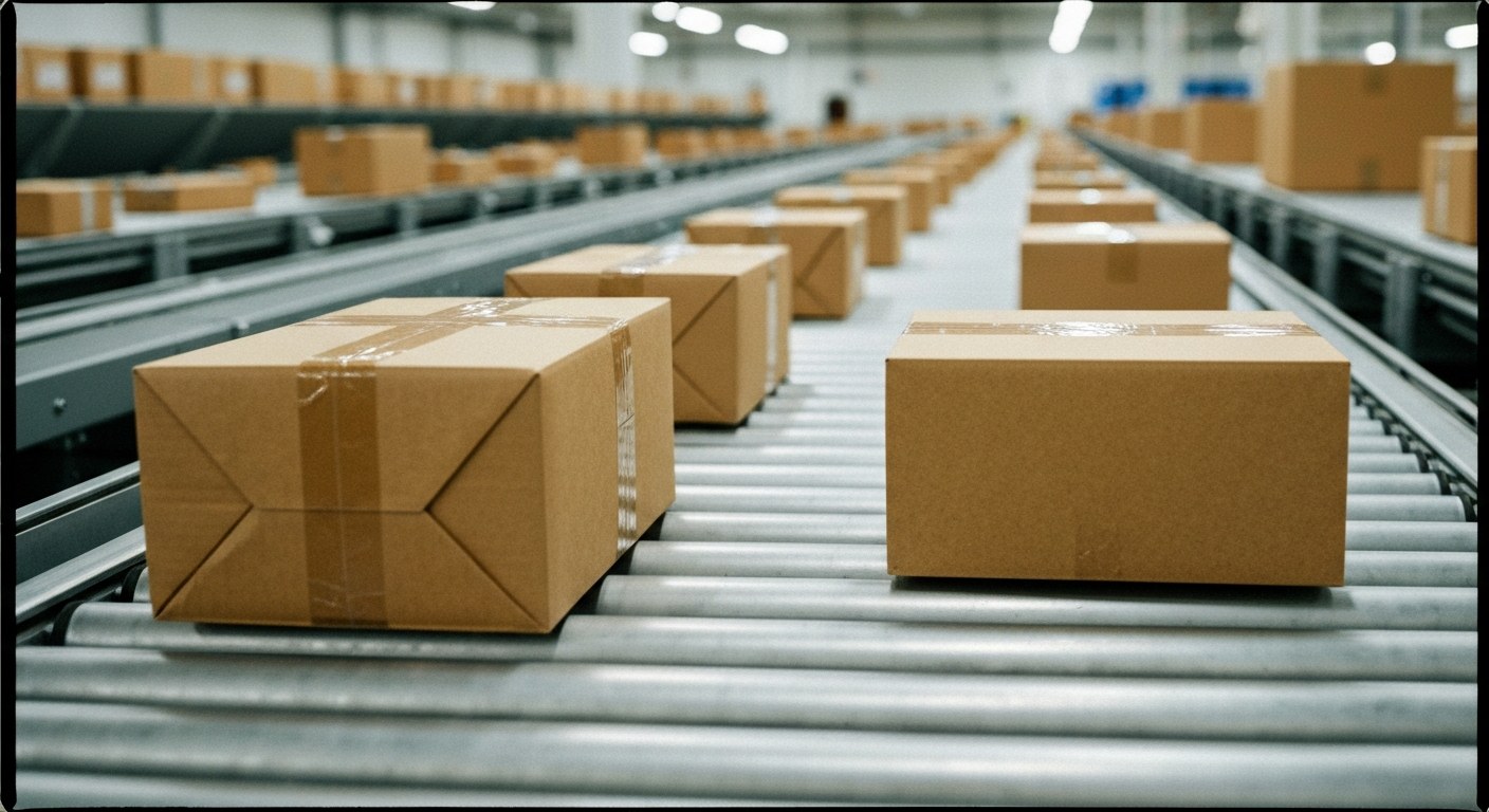 Automated Sortation Systems Cardboard packages moving on an automated conveyor belt in a sortation center.