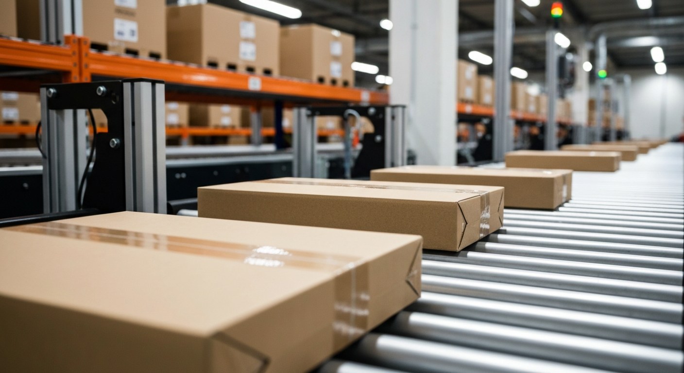 Automated Package Sorting System Interior Close-up of cardboard packages moving along a metal conveyor belt sorting line inside a modern industrial warehouse.