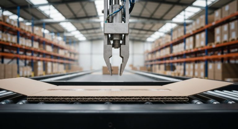 Ecommerce Packaging Strategies (In 5 Mins) 7 An automated robotic arm in a warehouse folding a custom-sized cardboard box on a conveyor belt under industrial lighting.