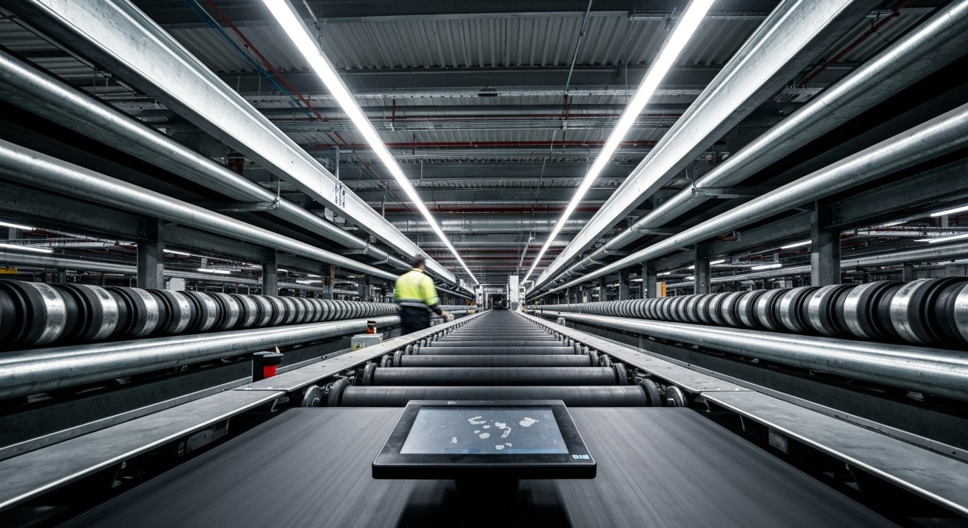 An expansive interior of a modern sorting facility with conveyor belts and industrial machinery.