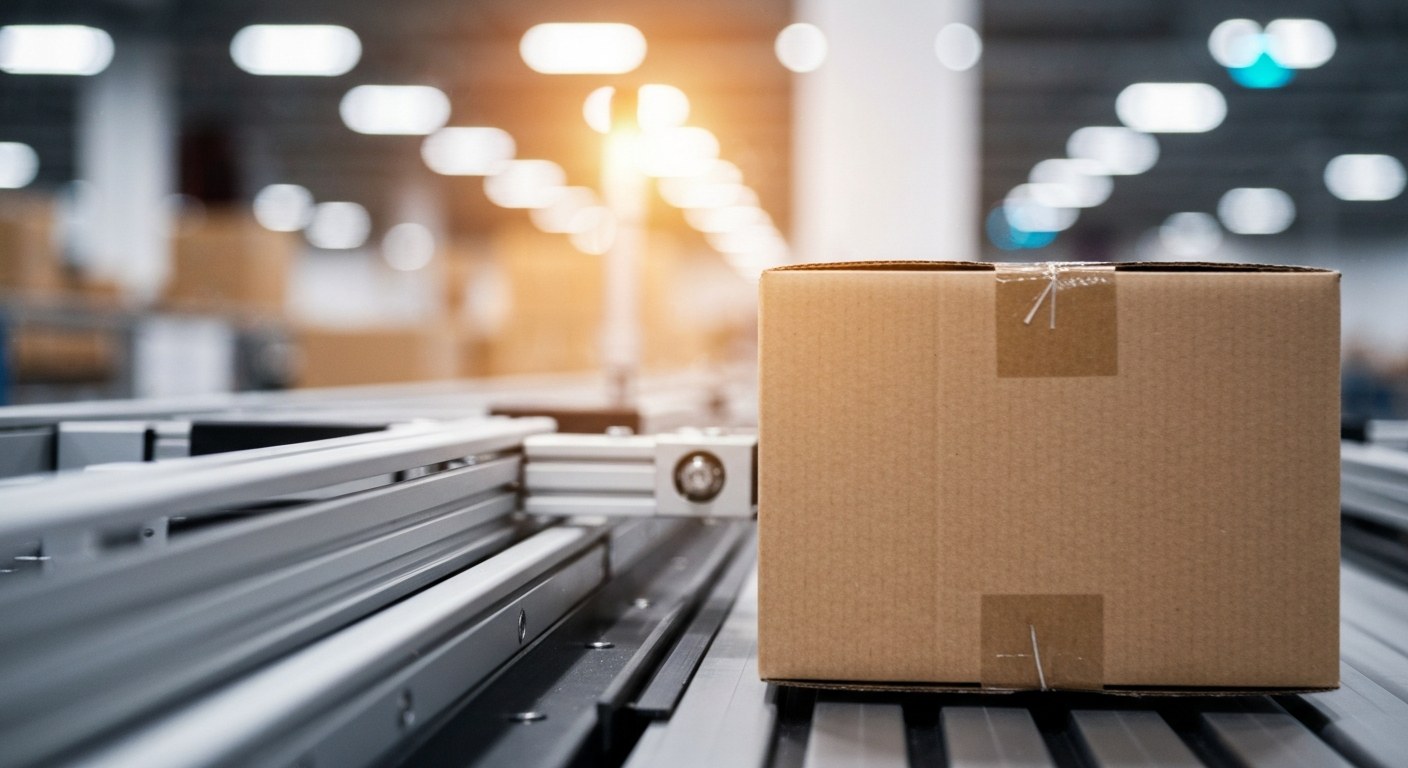 Automated Sorting Technology in Fulfillment Centers A robotic arm sorts cardboard packages on a high-tech conveyor belt in a clean industrial facility.
