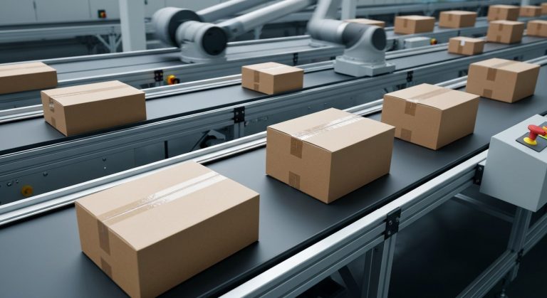Plain brown cardboard boxes moving along a modern automated warehouse conveyor belt with a robotic arm in the background.