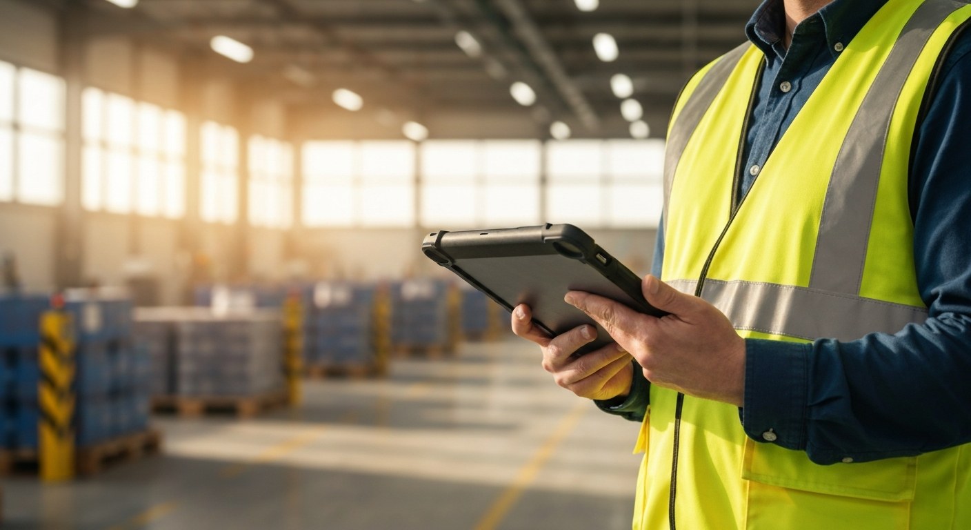 Data-Driven Warehouse Logistics Management Warehouse manager reviewing real-time logistics data on a tablet in an automated fulfillment center.