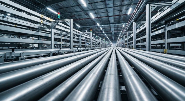 An expansive view of an automated warehouse sorting system with metallic rollers and industrial lighting.