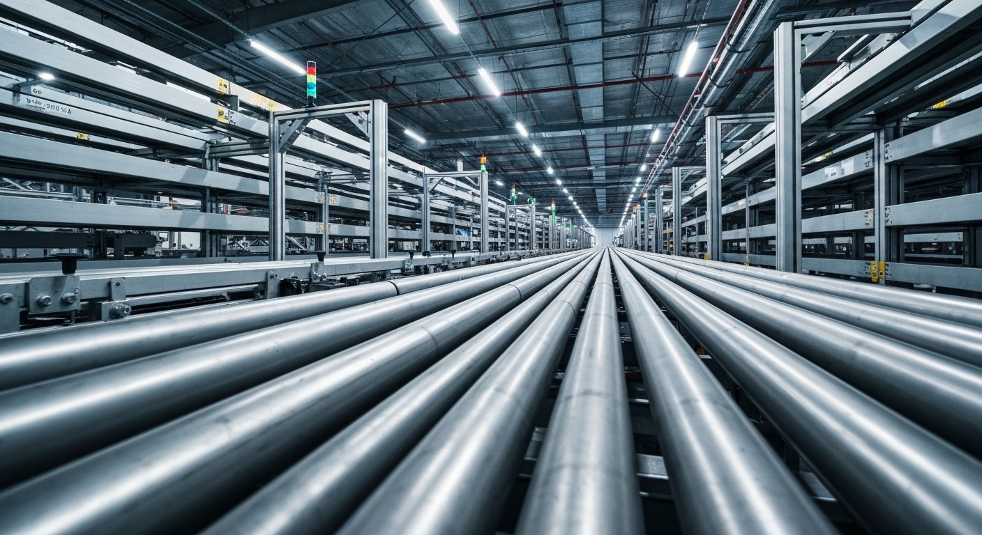 Modern Warehouse Automation Systems An expansive view of an automated warehouse sorting system with metallic rollers and industrial lighting.