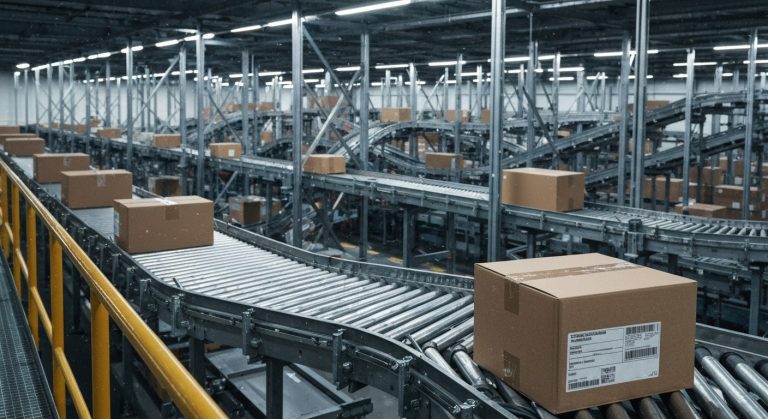 A busy automated package sorting facility with conveyor belts in a high-end logistics warehouse.