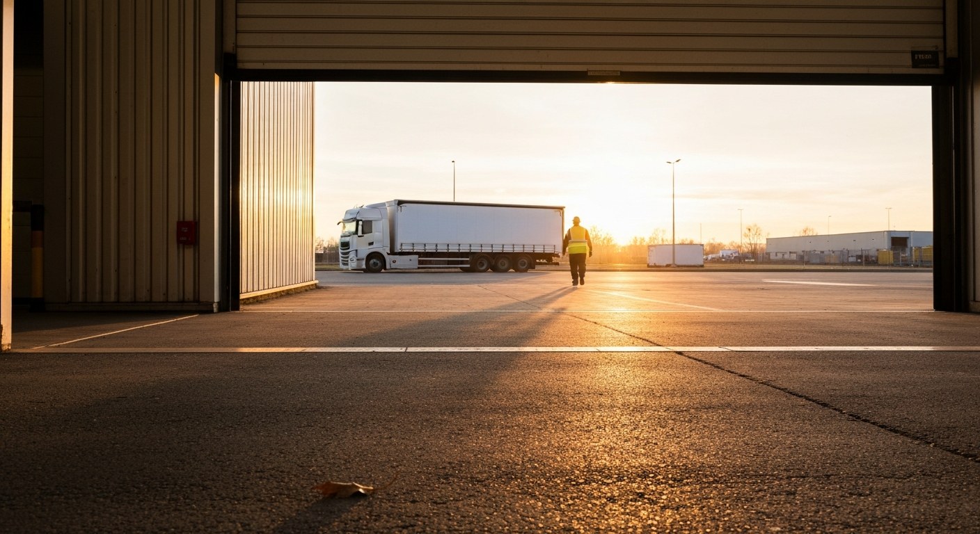 An industrial warehouse door opening toward a transport truck parked outside during golden hour.